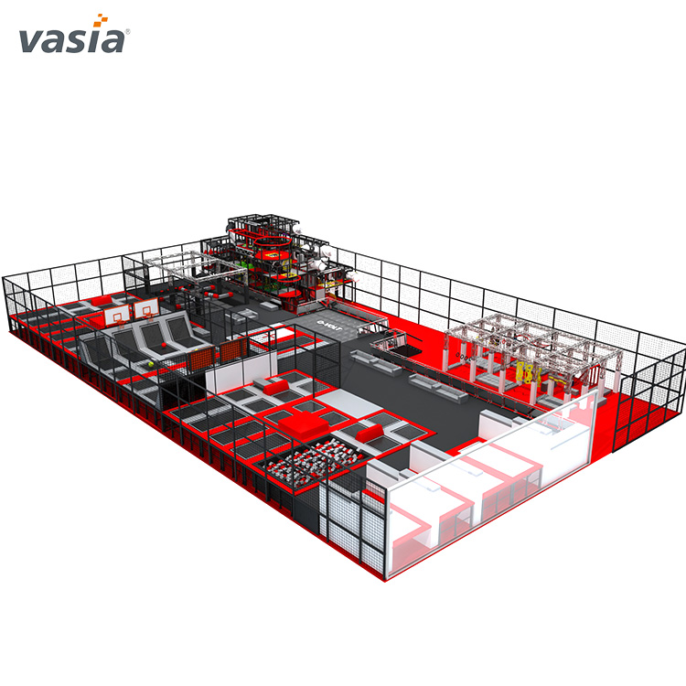 Grande aire de jeux commerciale avec trampoline et parcours de cordes 